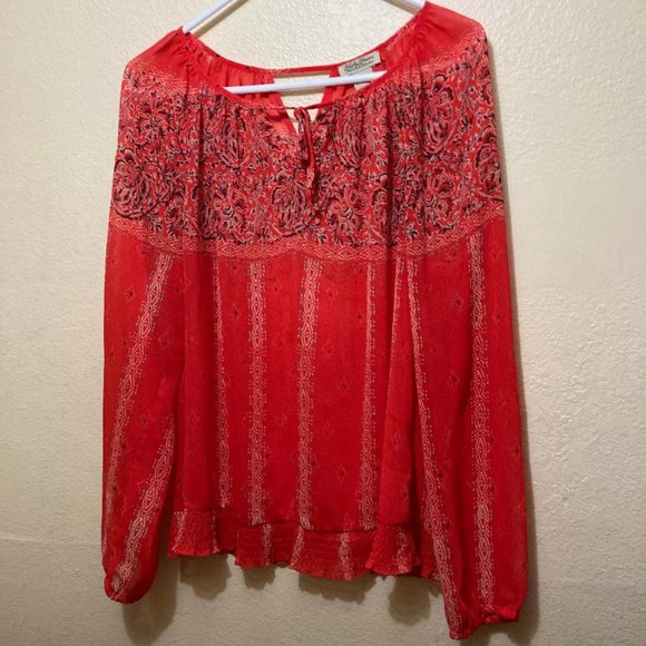 Lucky Brand Women's Sheer Red Boho Patterned Long Sleeve Tunic Top Size Large - Picture 1 of 4